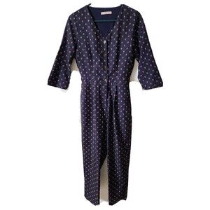 Antoinette Dark Blue Romper Jump Suit Button and Zip with Pockets Size Small S